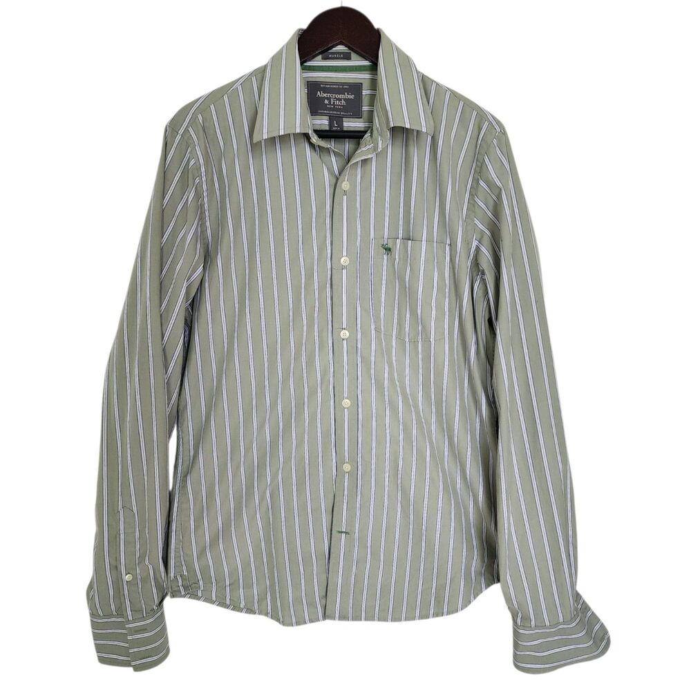 ​Abercrombie & Fitch Men's Large Long Sleeve Button Down Shirt Green Muscle Fit